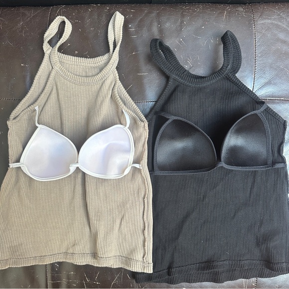 Murmuring Ribbed Halter Tank Top Set Black Taupe Built-In Bra Cami Size F - Picture 7 of 11